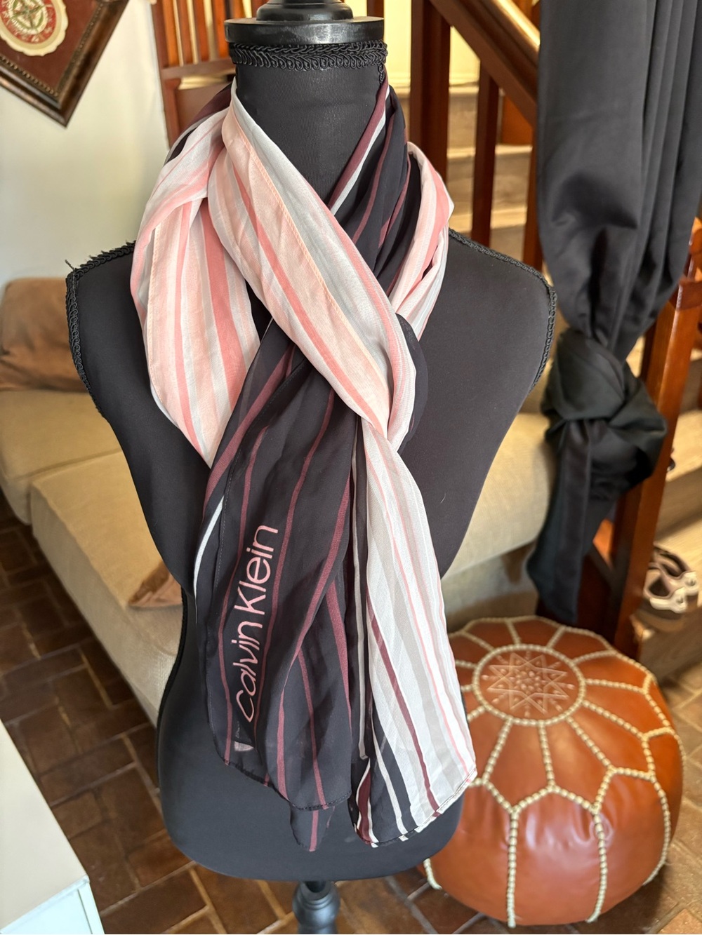 Calvin Klein Black and Pink Striped Lightweight Wrap Scarf
